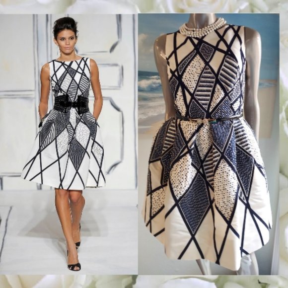 °$4,300 OSCAR DE LA RENTA GORGEOUS WHT BLK SILK BEAD SEQUIN EMBR RUNWAY DRESS 6 - Picture 3 of 11